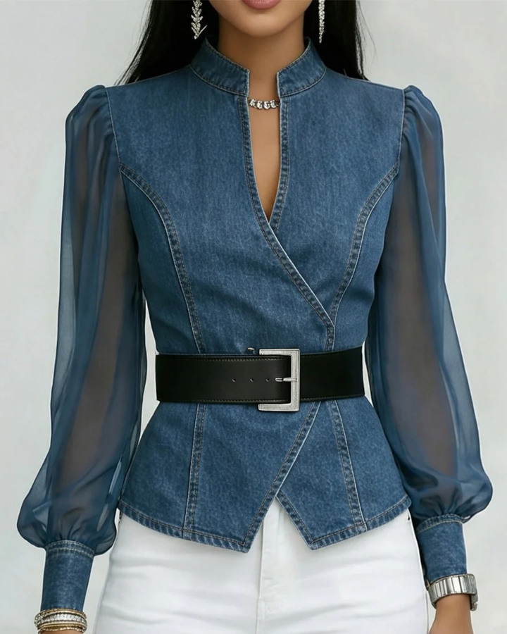 Denim Wrap Blouse with Belt
