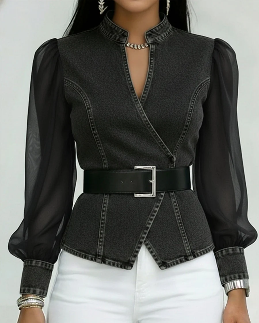 Denim Wrap Blouse with Belt