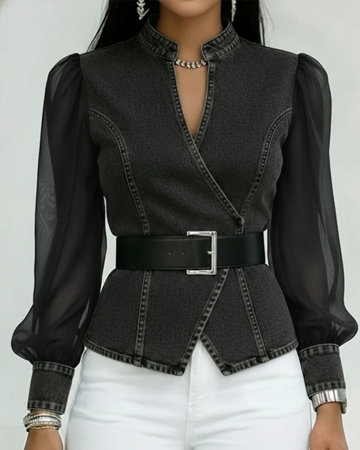 Denim Wrap Blouse with Belt