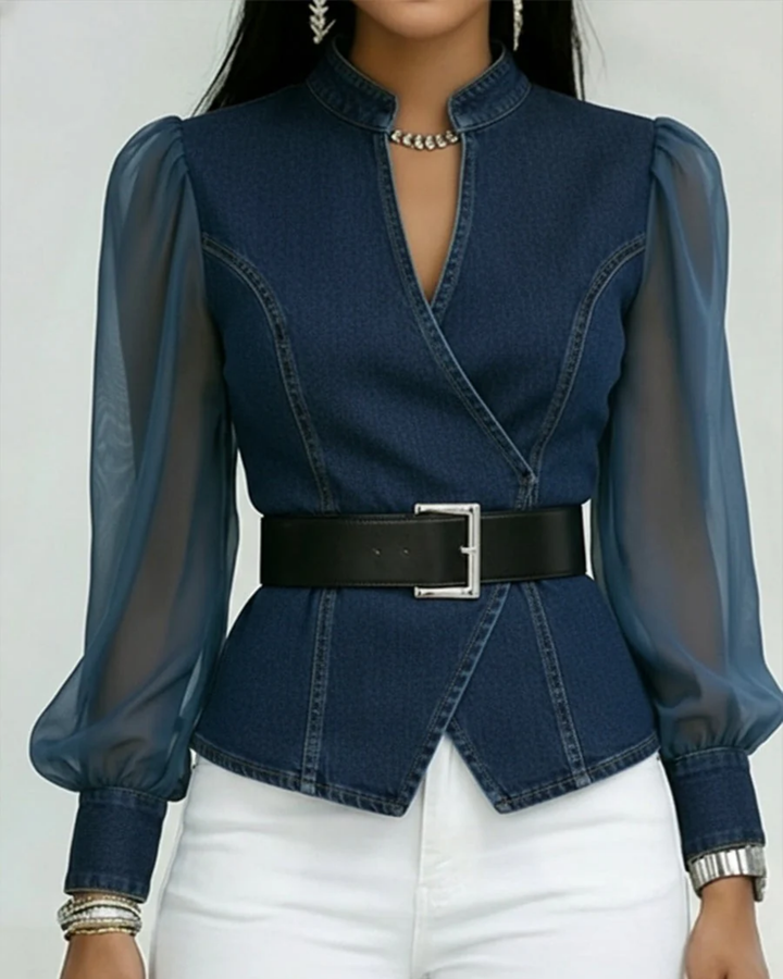 Denim Wrap Blouse with Belt