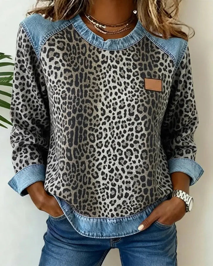 Leopard Print Patchwork Denim Sweater