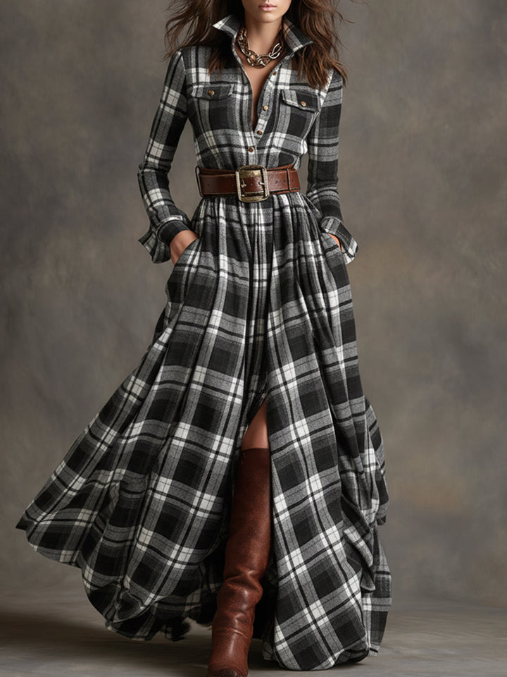 Virella – Maxi Shirt Dress with Checkered Pattern