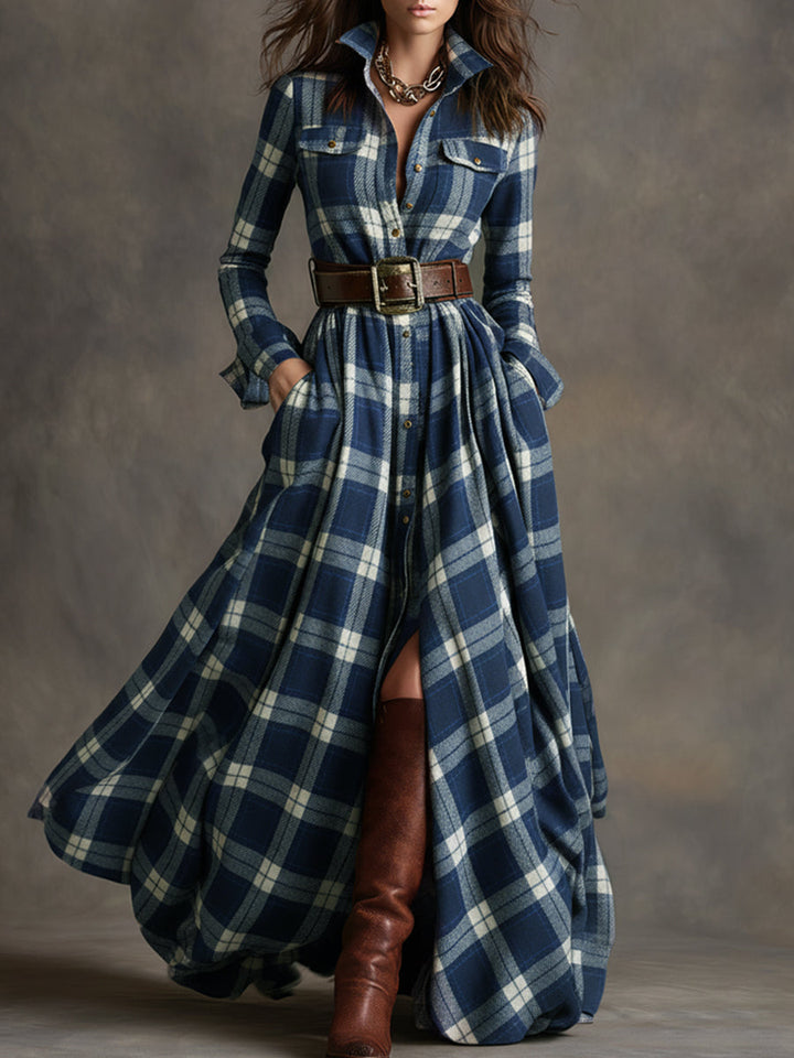 Virella – Maxi Shirt Dress with Checkered Pattern